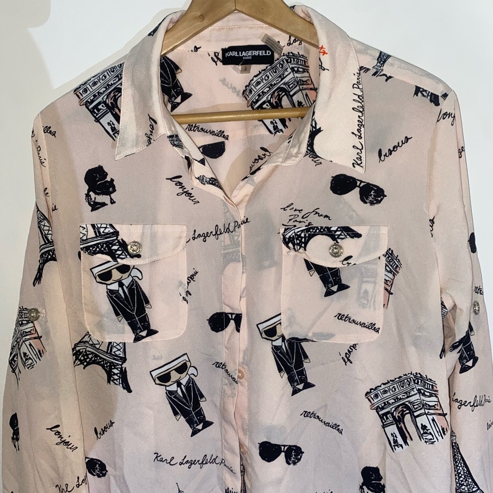 Karl Lagerfeld Paris Long Sleeve Blouse Pink Eiffel Tower Top Women's Size L - Picture 4 of 15
